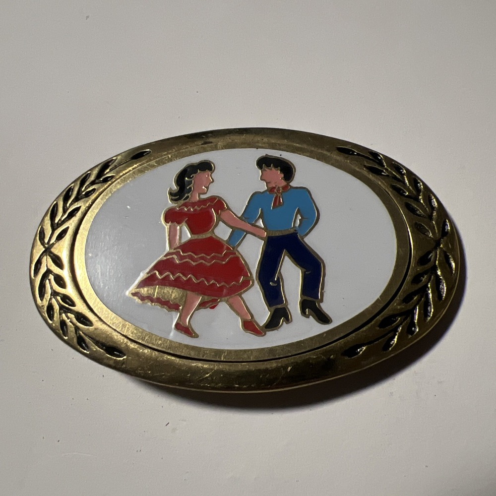 Vintage NOS Olive Branch Border Enamel Square Dancing Belt Buckle